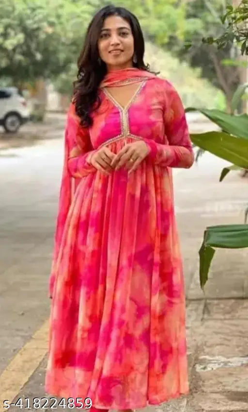 Georgette pink Aliyah cut Bollywood style maxi dress for women's parties or events, India-made, sleeveless and printed net design