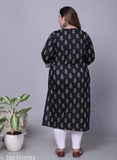 Black floral print plus size straight kurti, cotton material with three-quarter sleeves. Women's fashion for a stylish look