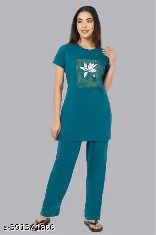 Green cotton women's pyjamas with beautiful print, round neck design, short sleeves, premium quality, available in multiple sizes (L-5XL), made in India