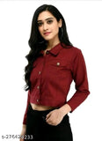 Denim maroon jacket, solid fabric for women's fashion. New Classic Enterprises, long sleeves, casual wear from India