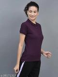 Purple cotton-blend polo neck T-shirt by Dollar Women's, comfortable athletic wear with embroidered logo