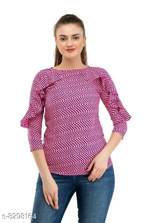 Multi-printed polyester top for women, three-quarter sleeves, vibrant pattern on crepe fabric