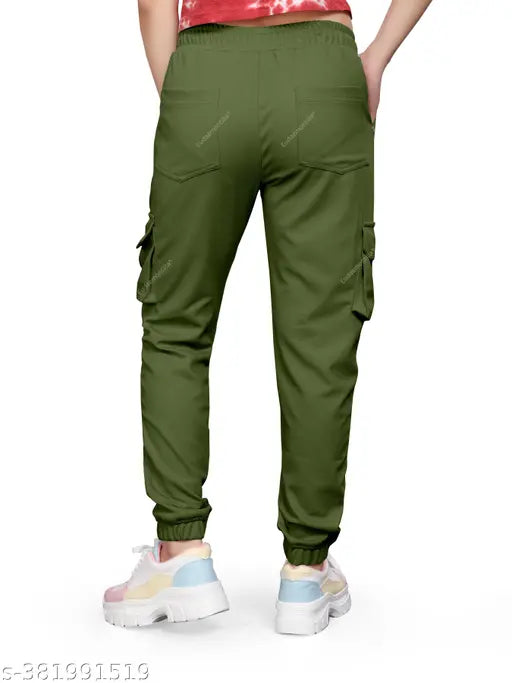 Green polycotton military cargo pants for women, loose fit with elastic waist and multiple pockets, perfect for everyday wear or sports