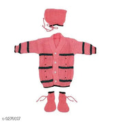 Pink wool sweater, long sleeves, striped pattern for infant, size 0-6 months, made in India