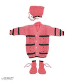 Pink wool sweater, long sleeves, striped pattern for infant, size 0-6 months, made in India