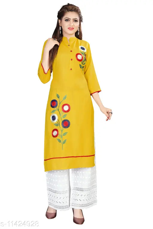 White rayon kurta set with palazzos, embroidered net, three-quarter sleeves. Women's size XS, S, M, L, XL, XXL. Made in India