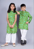 Indian cotton printed kurta & pants set for kids, 3-4 years, long sleeves & calf length
