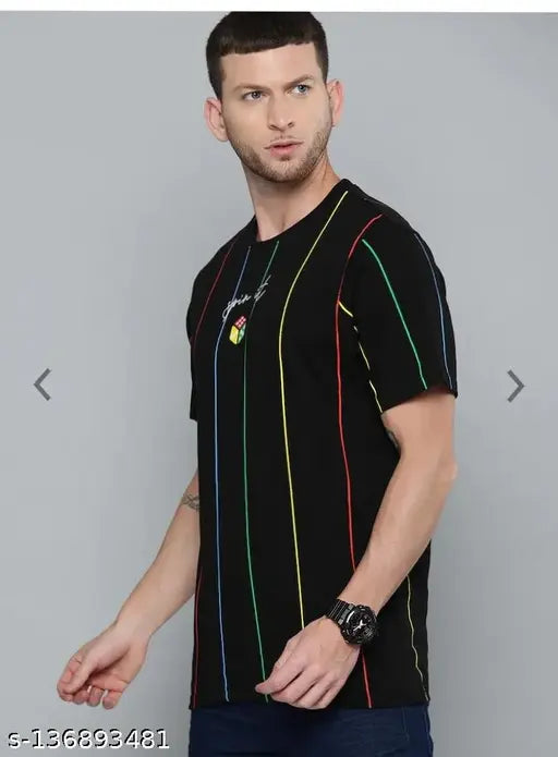 Men's black cotton striped t-shirt, blue red green stripes, short sleeves, pure cotton