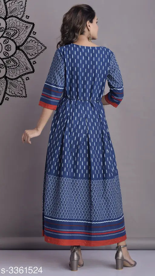 Three-quarter sleeve women's ethnic motif printed cotton kurti, single-colored Indian traditional wear