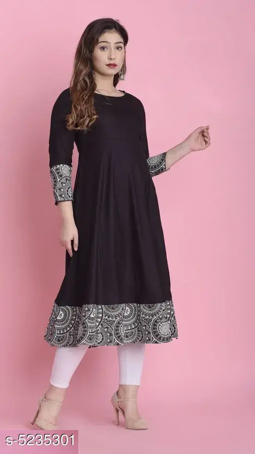 Rayon flared kurti with ethnic motif print on three-quarter sleeves, perfect for women's Indian fashion