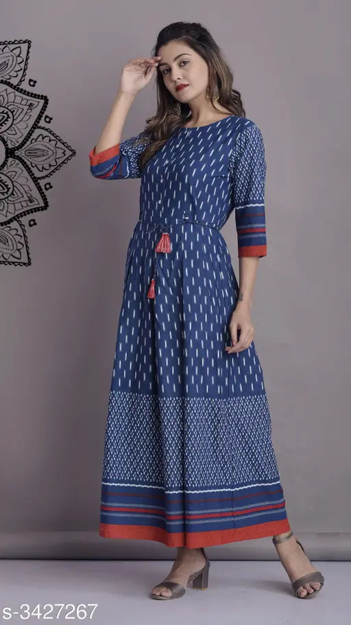 Women's printed cotton blend Anarkali Kurti, three-quarter sleeves, vibrant Indian print - S (36in bust, 47in length)