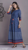 Women's printed cotton blend Anarkali Kurti, three-quarter sleeves, vibrant Indian print - S (36in bust, 47in length)