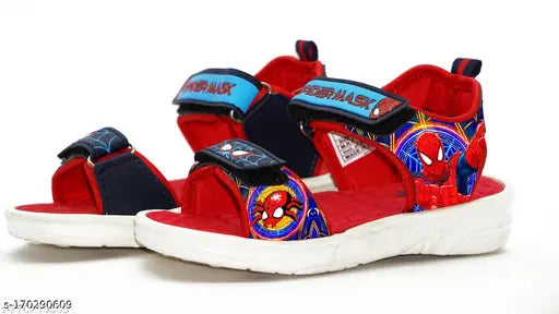 Red patent leather Spiderman sandals for adventurous boys aged 7-8 years, featuring Velcro fastening and a cartoon spider web design