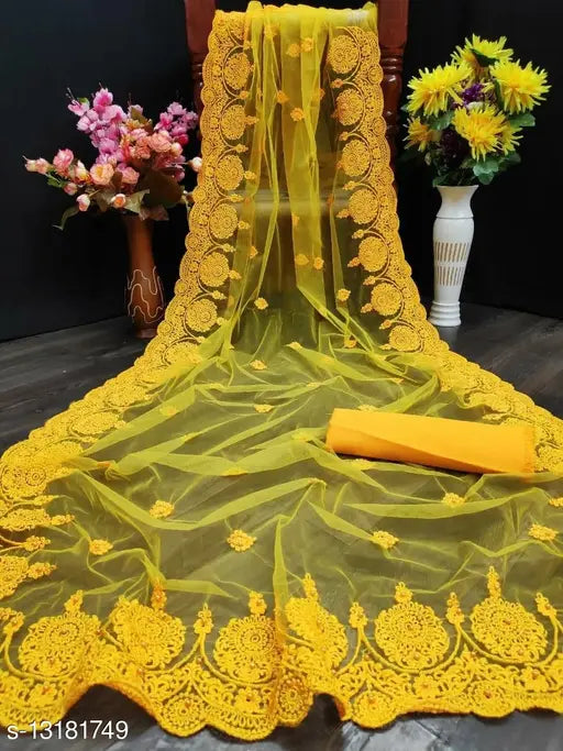 Embroidered net saree with running blouse, refined Indian fashion accessory for free size, 5.5m length