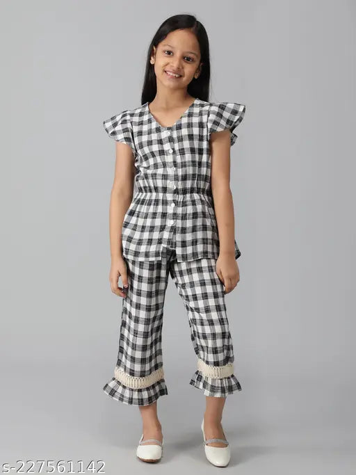 Black pure cotton girl's top & trousers set, checked pattern, 3-4 years, Indian origin