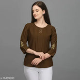 Green embroidered polyester women's western top with three-quarter sleeves, detailed net pattern. Size N, suitable for bust size 38" and length size 26". Made in India