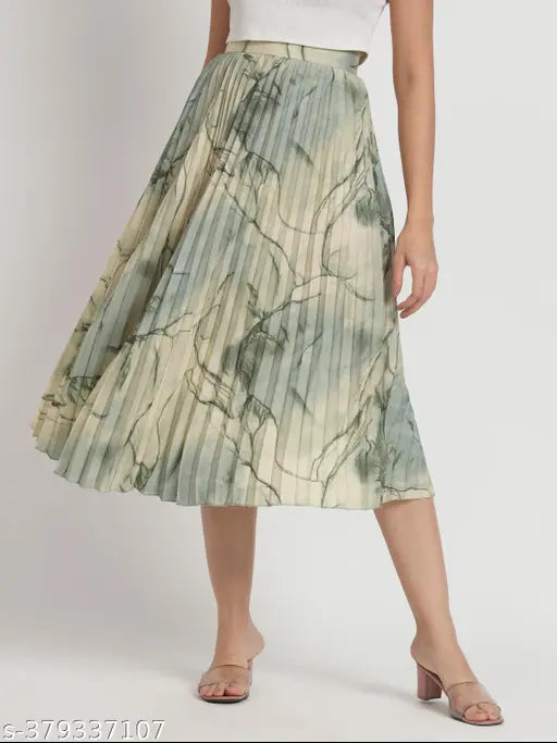 Marble-printed polyester A-line MIDI skirt with elastic waistband, perfect for various occasions