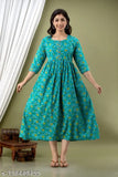 Modern aqua blue cotton A-Line maternity gown with floral print, three-quarter sleeves