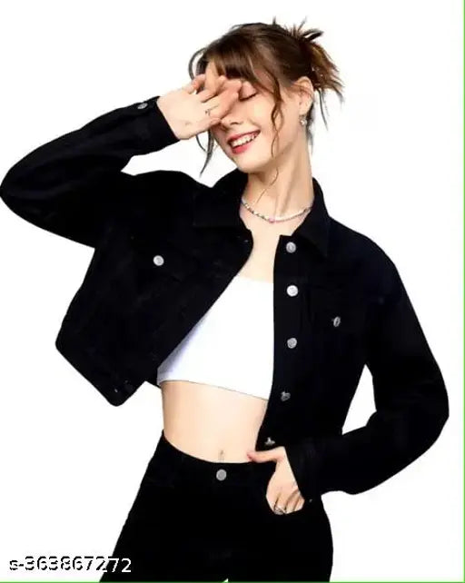 Black denim women's jacket with long sleeves, solid pattern, size L