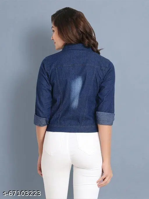 Dark denim jacket with acid wash, long sleeves, comfortable wearing & washing - S (36in bust, 20in length)