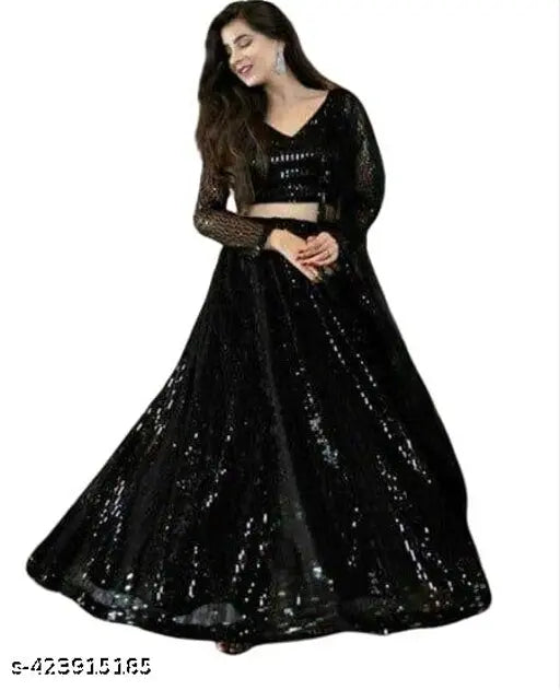 Black embellished net lehenga choli and dupatta set, semi-stitched Indian wedding wear
