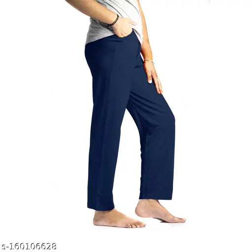 Stretchable black & navy cotton blend pyjama by ABEER, features two side pockets on lounge wear for women