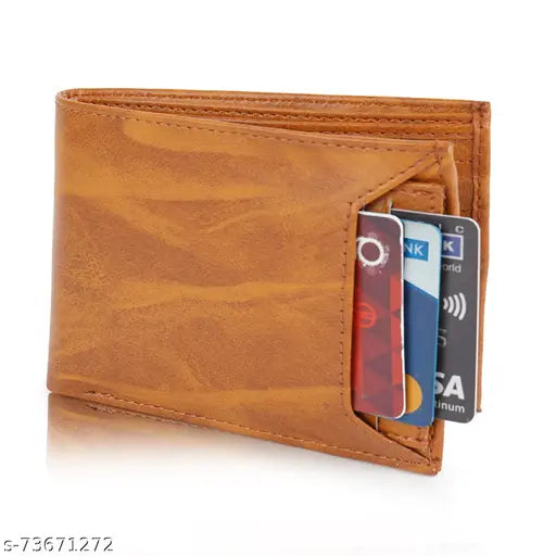 Tan artificial leather casual evening/party formal trendy travel wallet for men by Wildauk - features 8 card slots, 2 compartments, and additional ID & ATM card pockets for added safety and style