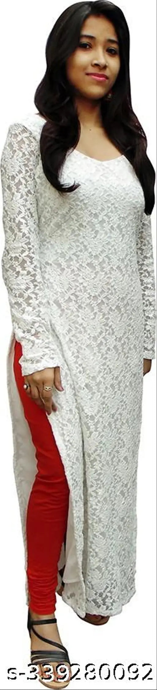 Net Chikankari Straight Kurti, long sleeves, rayon, party-ready sequence embroidery - Indian fashion
