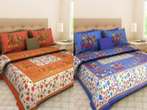 Traditional Jaipuri Print cotton queen bedsheet combo, Orange and Blue with 4 pillow covers, high-quality home textile set