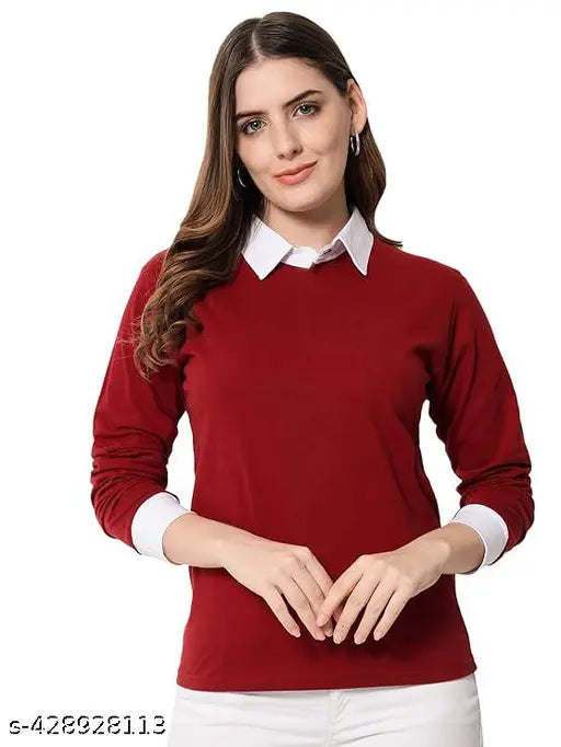 Trendy stylish cotton long-sleeve t-shirt, solid color, size S (28in bust, 30in length)