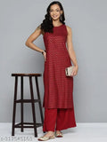 Red women's festive cotton kurta and palazzo set, sleeveless, zari woven net pattern, perfect for parties or casual days. Handcrafted in India