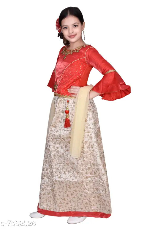 High Fame red silk blend ethnic lehenga choli set for girls, long-sleeved embroidered lehenga and net dupatta