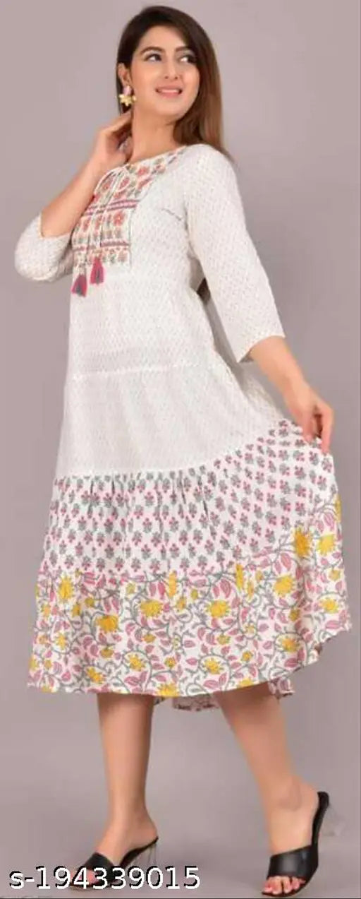 Rayon multi-colored Anarkali Kurti, embellished with prints, perfect for special occasions, India origin