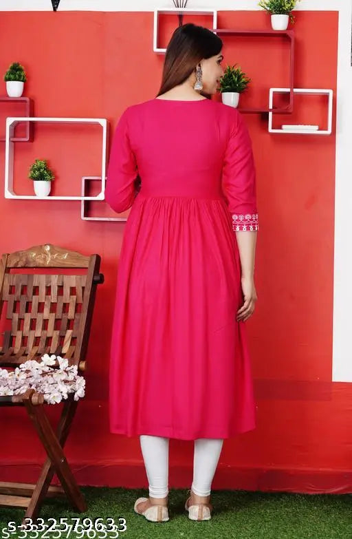 Rayon Anarkali embroidery kurtis, single printed combo, three-quarter sleeves on model