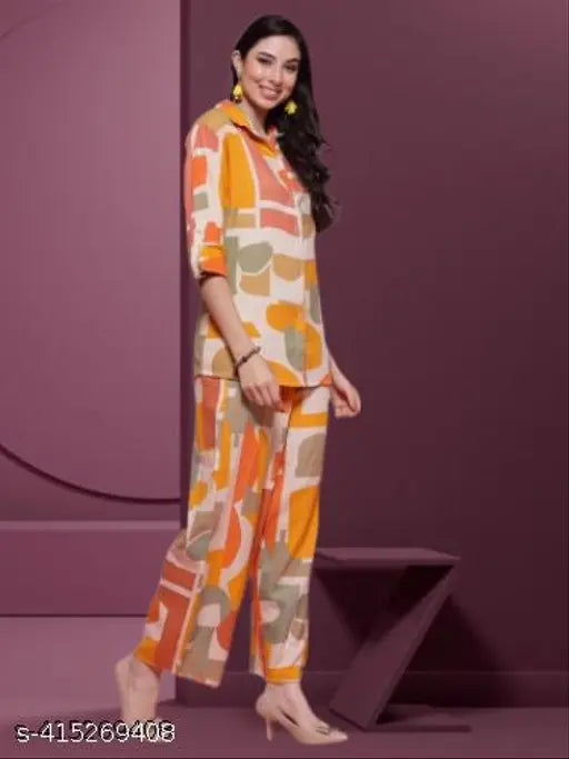 Natural rayon jumpsuit with abstract print for women, long sleeves, India-made