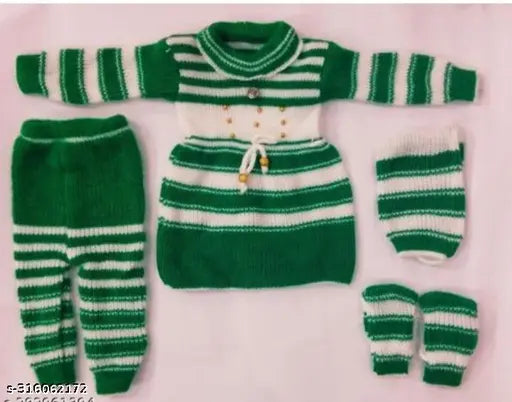 Woolen striped cube kids' winter frock set, Radhe Krishna design, 0-3 months