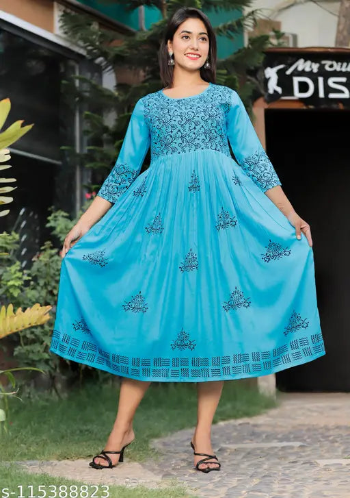 Sky blue rayon hand block print Anarkali kurti, three-quarter sleeves, vibrant Indian print on women's long flared dress
