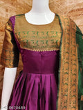 Purple art silk gown with green dupatta, cotton inner fabric, short sleeves, zari woven pattern. New design for women's festive wear, size M/XL/XXL. Indian craftsmanship