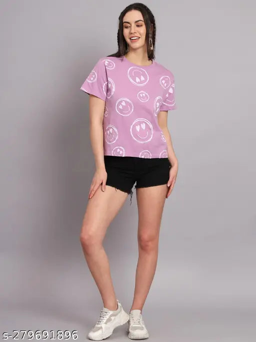 Lavender cotton oversized t-shirt, printed design on women's short sleeves tee from India