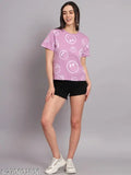 Lavender cotton oversized t-shirt, printed design on women's short sleeves tee from India