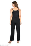 Solid black polyester jumpsuit for ladies, casual and sleeveless, full length with straight hemline, comfortable fit for women