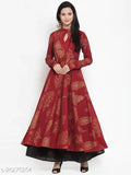 Gold-printed cotton Anarkali flair kurti with long sleeves, ideal for women's traditional Indian wear