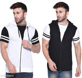 Colorblocked cotton blend half sleeve t-shirt, hoodie style with short sleeves, India origin