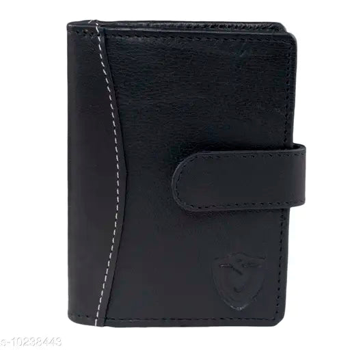 Black genuine leather RFID blocking card holder for men and women - holds 18 cards, solid pattern, India origin