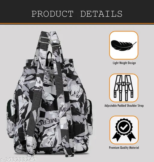 Black/white textured polyester medium backpack for school, college, or casual use. Features drawstring closure and multiple pockets. Durable design with waterproof materials and adjustable shoulder strap." (93 characters)