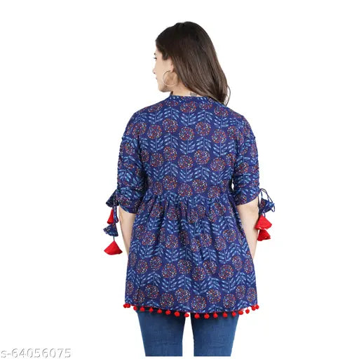 Stylish feminine cotton tunics, printed net three-quarter sleeve tops for women, size S-XXL origin India