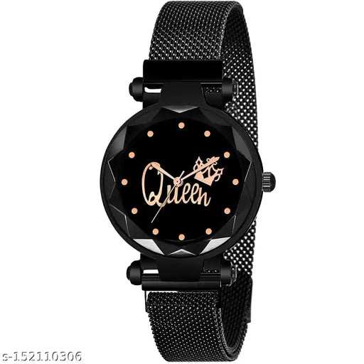 Black Indian-made analogue magnetic watch for girls, free size with dial diameter 21mm