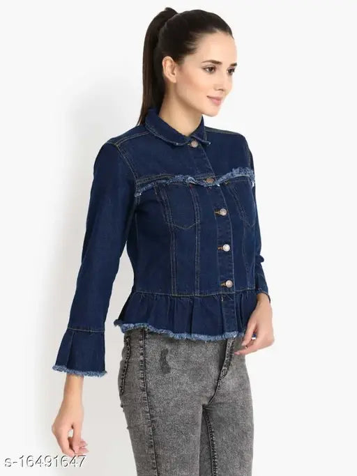 Denim waistcoat for women, classy designer jacket with long sleeves, solid pattern from India