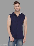 Navy blue cotton blend sleeveless hood t-shirt, high-quality men's casual wear for fashionable looks, 100% pure combed cotton from India