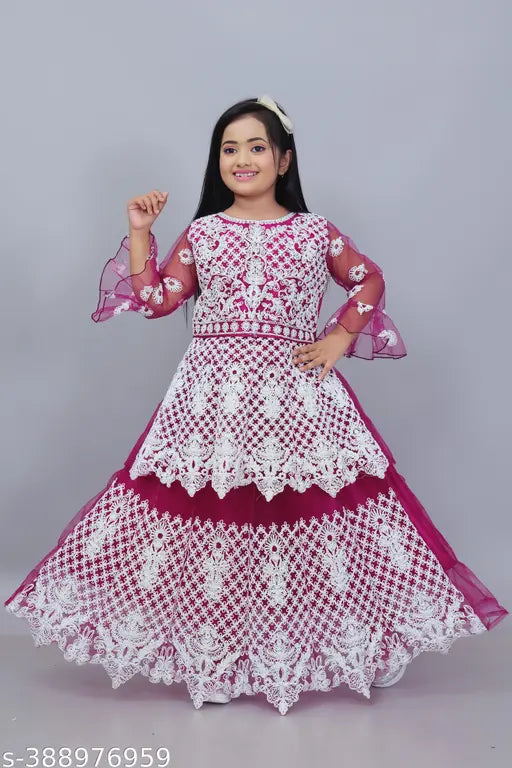 Embroidered net kids festive wedding dress lahenga choli, ideal for special events and cultural celebrations